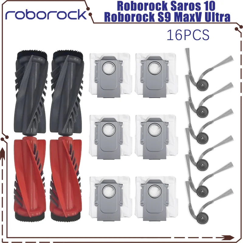 Tidesmit replacement parts kit for Roborock Saros 10 and S9 MaxV Ultra, includes main brush, filters, and mop pads.