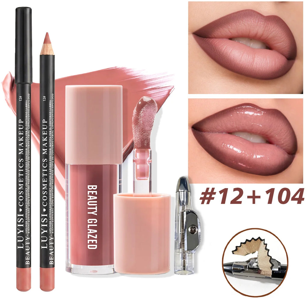 3pc Daily Lip Beauty Set: matte lip liner, moisturizing gloss, and sharpener in a nude pink shade.
