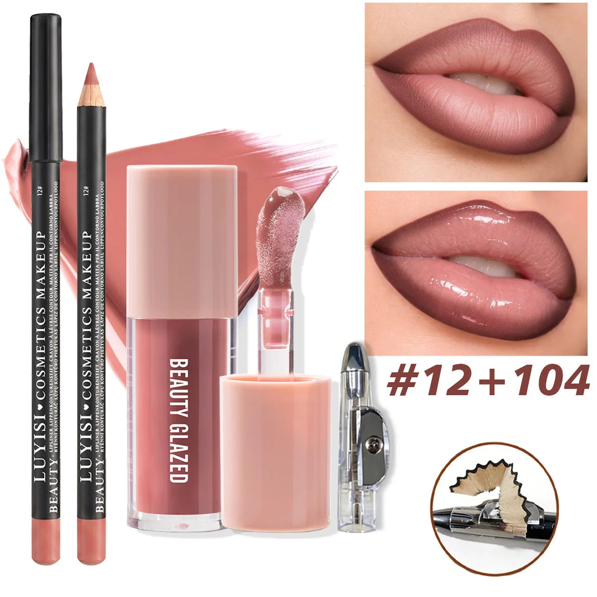 3pc Daily Lip Beauty Set: matte lip liner, moisturizing gloss, and sharpener in a nude pink shade.