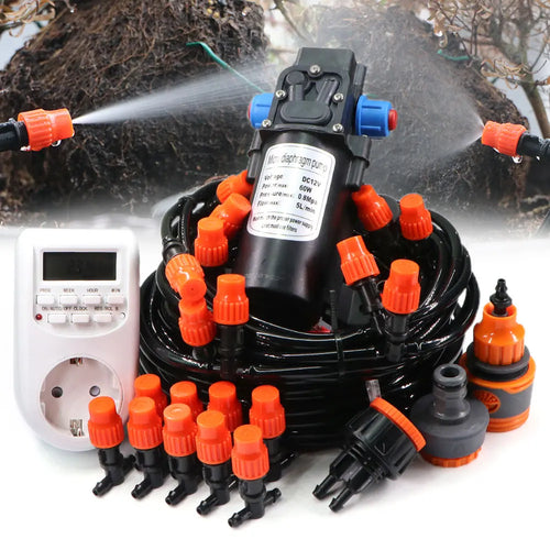 Garden misting pump with timer control unit, black hose, and orange spray nozzles