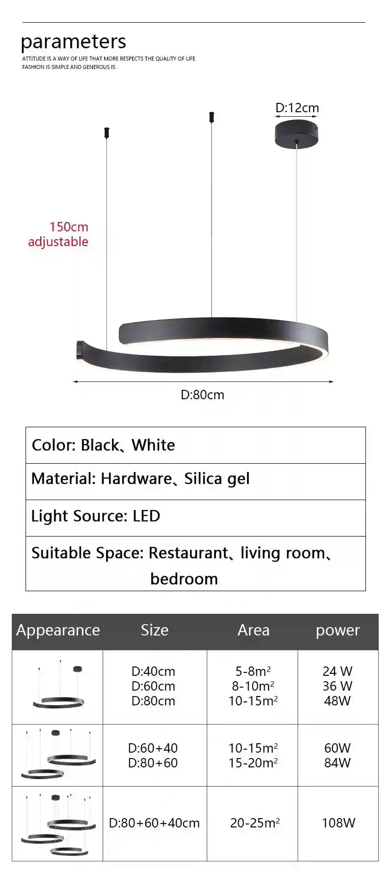 Modern 3-Ring LED Chandelier - Adjustable Dimmable Black Finish Tidesmit