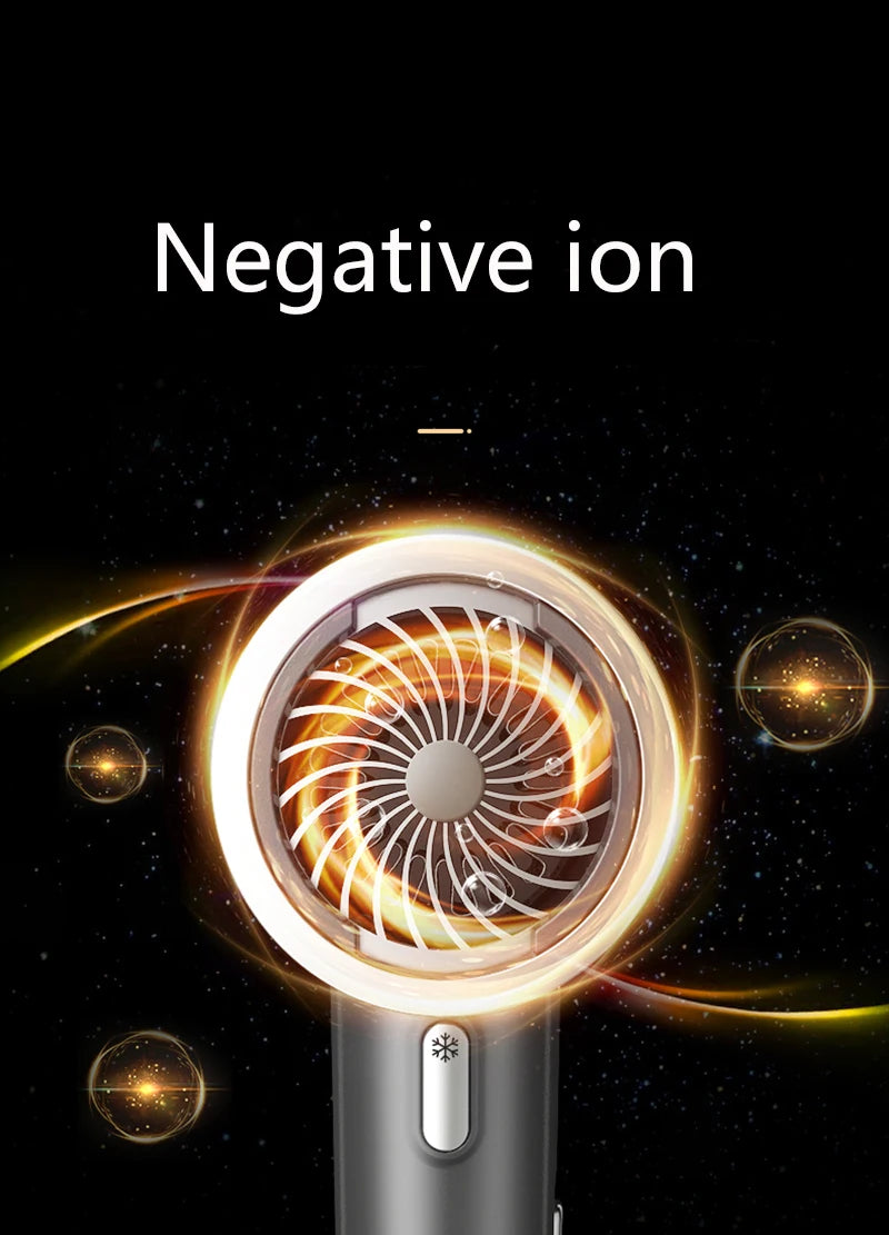 Grey leafless negative ion hair dryer with glowing circular heat display and cold air button on black background.