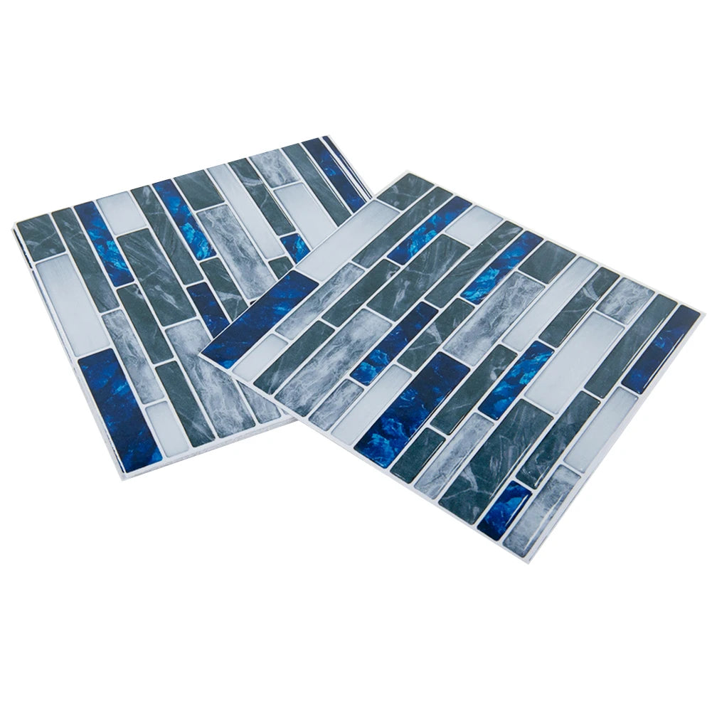 Blue and gray 3D mosaic tile sticker sheets with mixed dark and light tiles