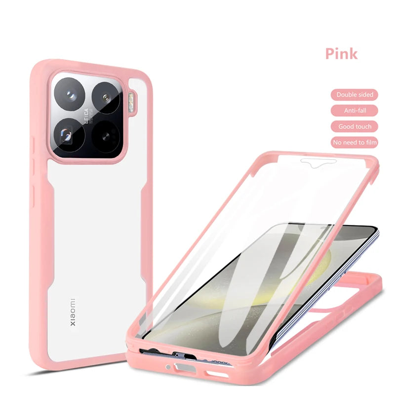 Pink 360 shockproof phone case for Xiaomi, featuring clear armor protection and built-in screen cover for durability.