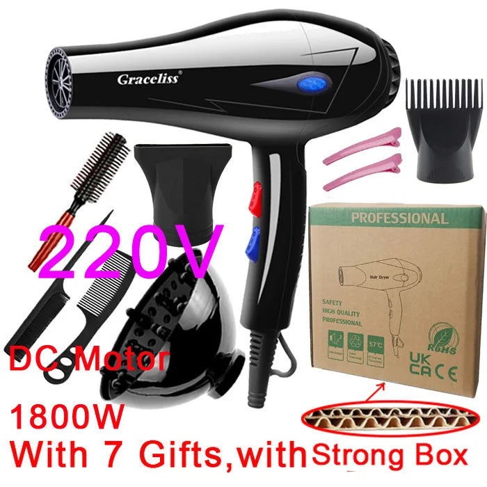 Professional black Graceliss hair dryer with attachments, diffuser, and combs in a gift box. 1800W salon-grade dryer.