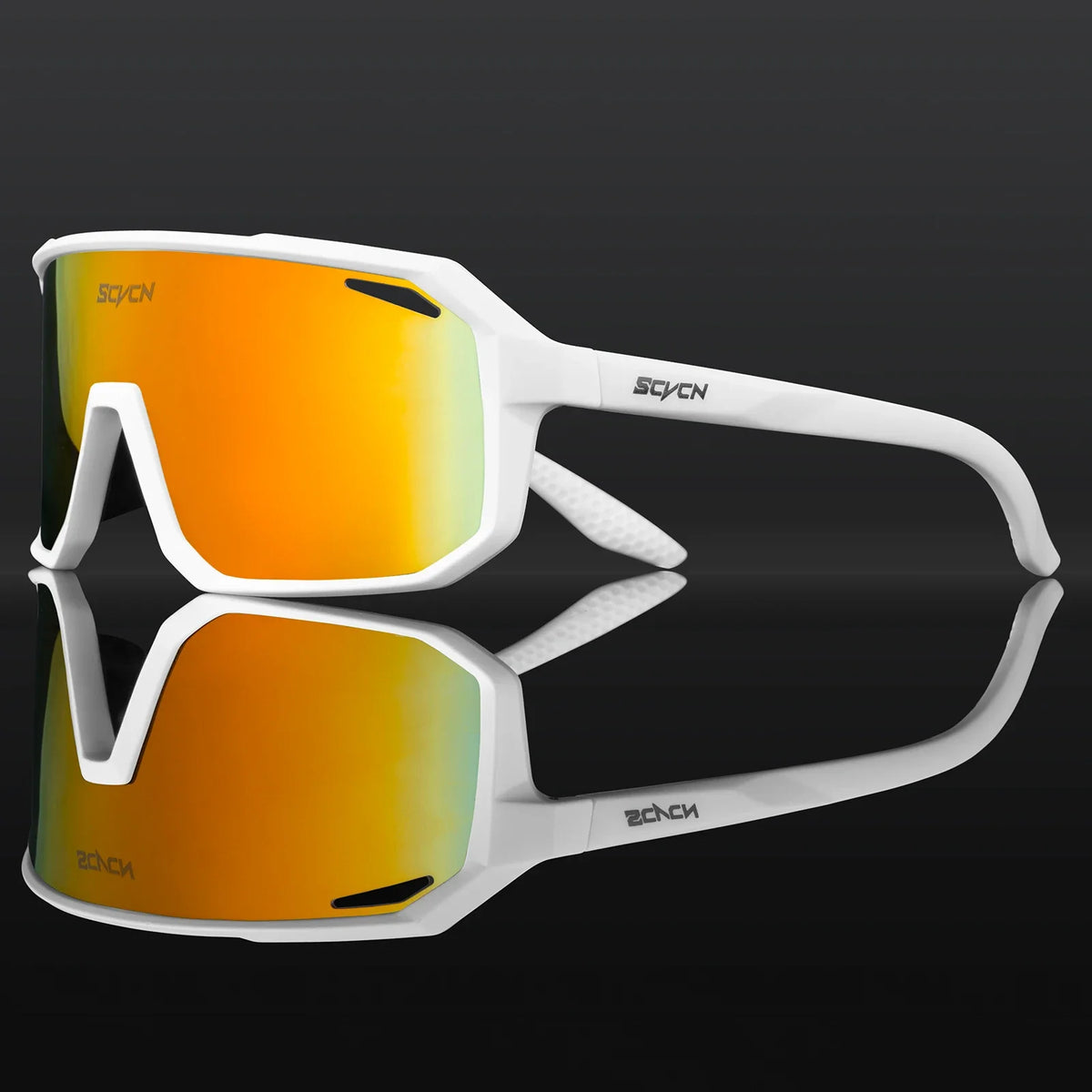 MTB UV400 cycling sunglasses with white frame and orange mirrored lenses