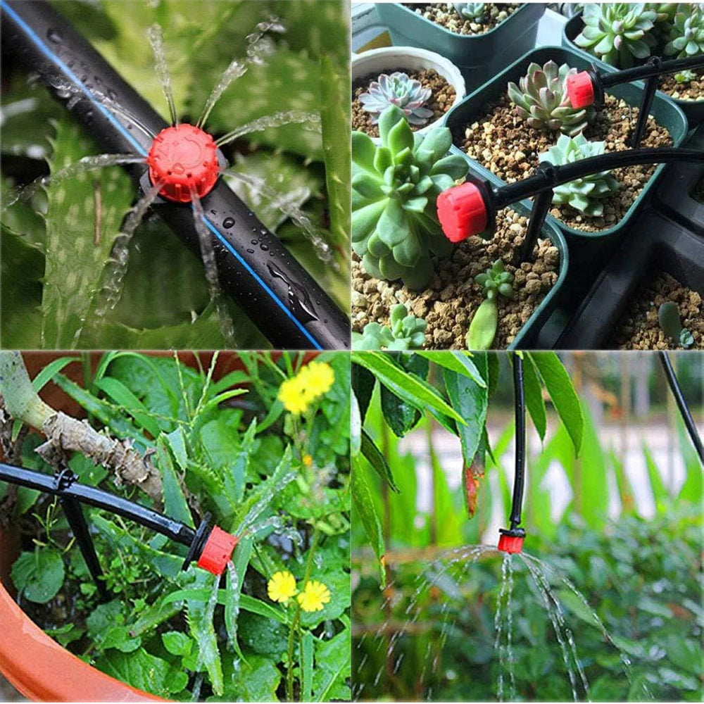 Micro drip irrigation system watering plants with misting spray through nozzle tips