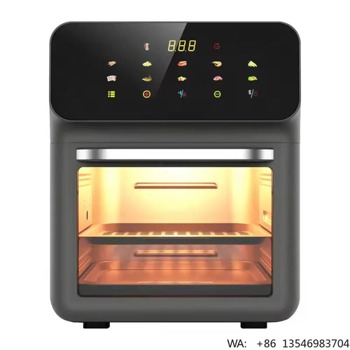 Gray smart electric air fryer with front touch panel and lit cooking window