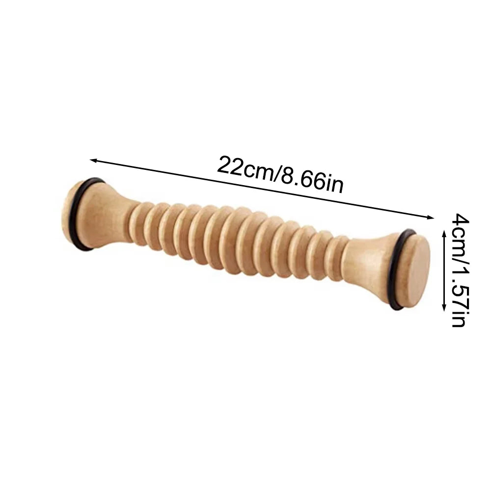 Wooden foot massage roller, 22cm manual reflexology tool with textured ridges for stress relief and pain therapy.