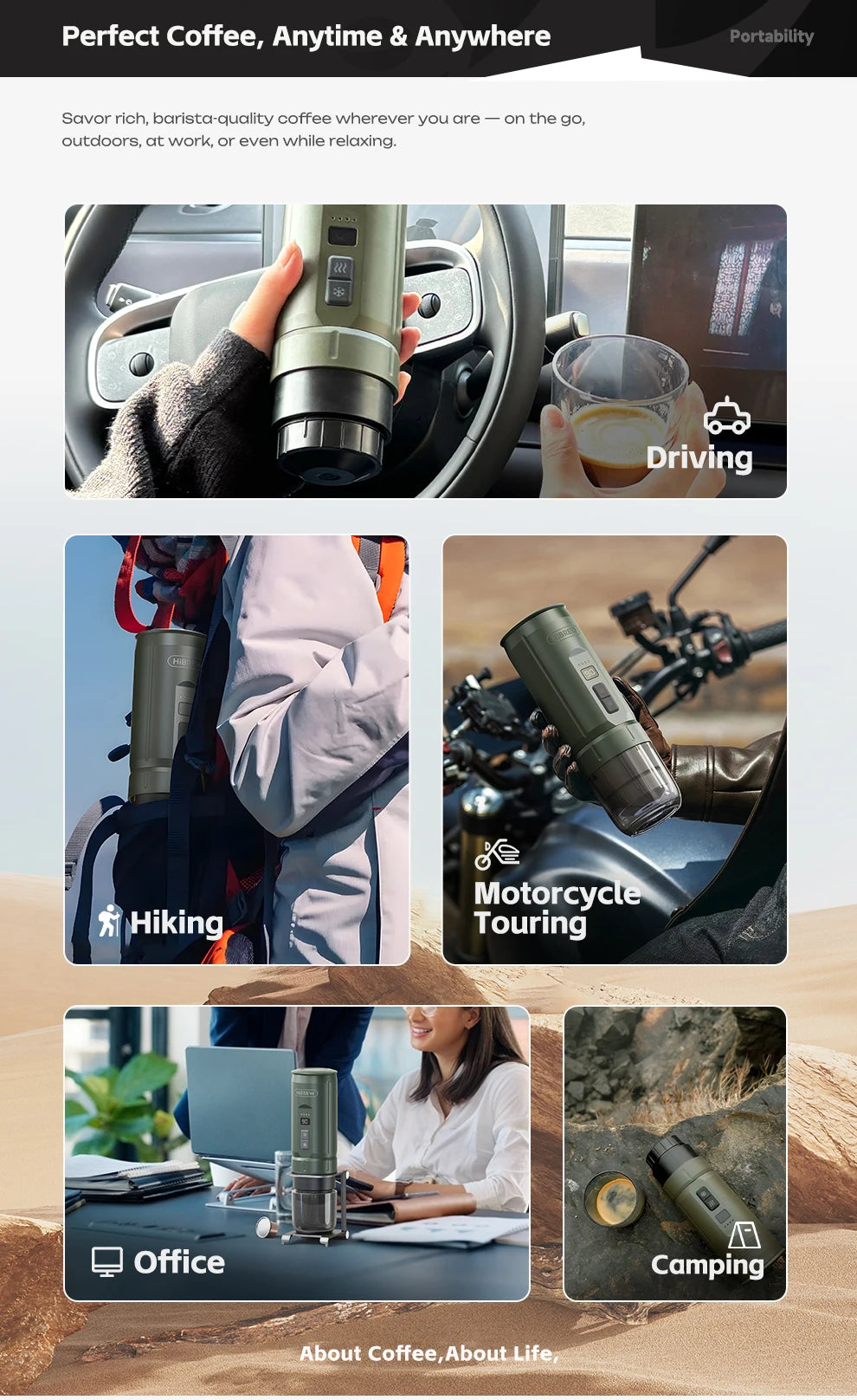 Portable olive green electric coffee maker for travel, hiking, and office use by HiBREW. Compact espresso machine.