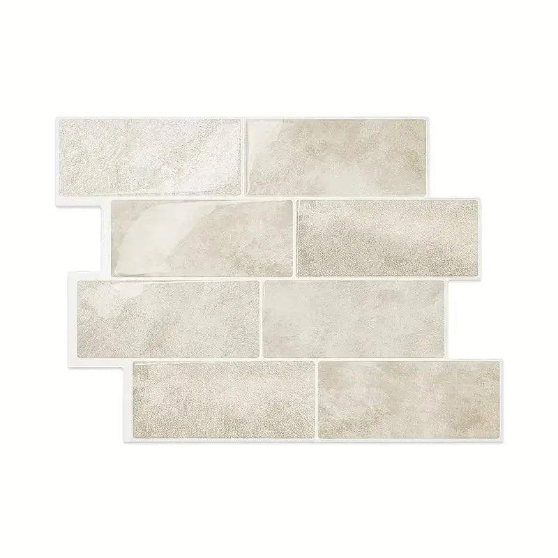 Beige stone-look tile peel-and-stick sheet with speckled texture and rectangular blocks