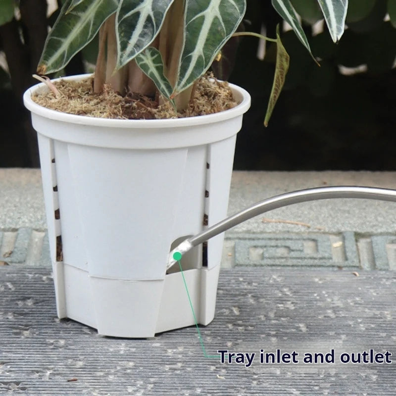 Self-watering double-layer plastic flower pot with tray inlet and outlet, white
