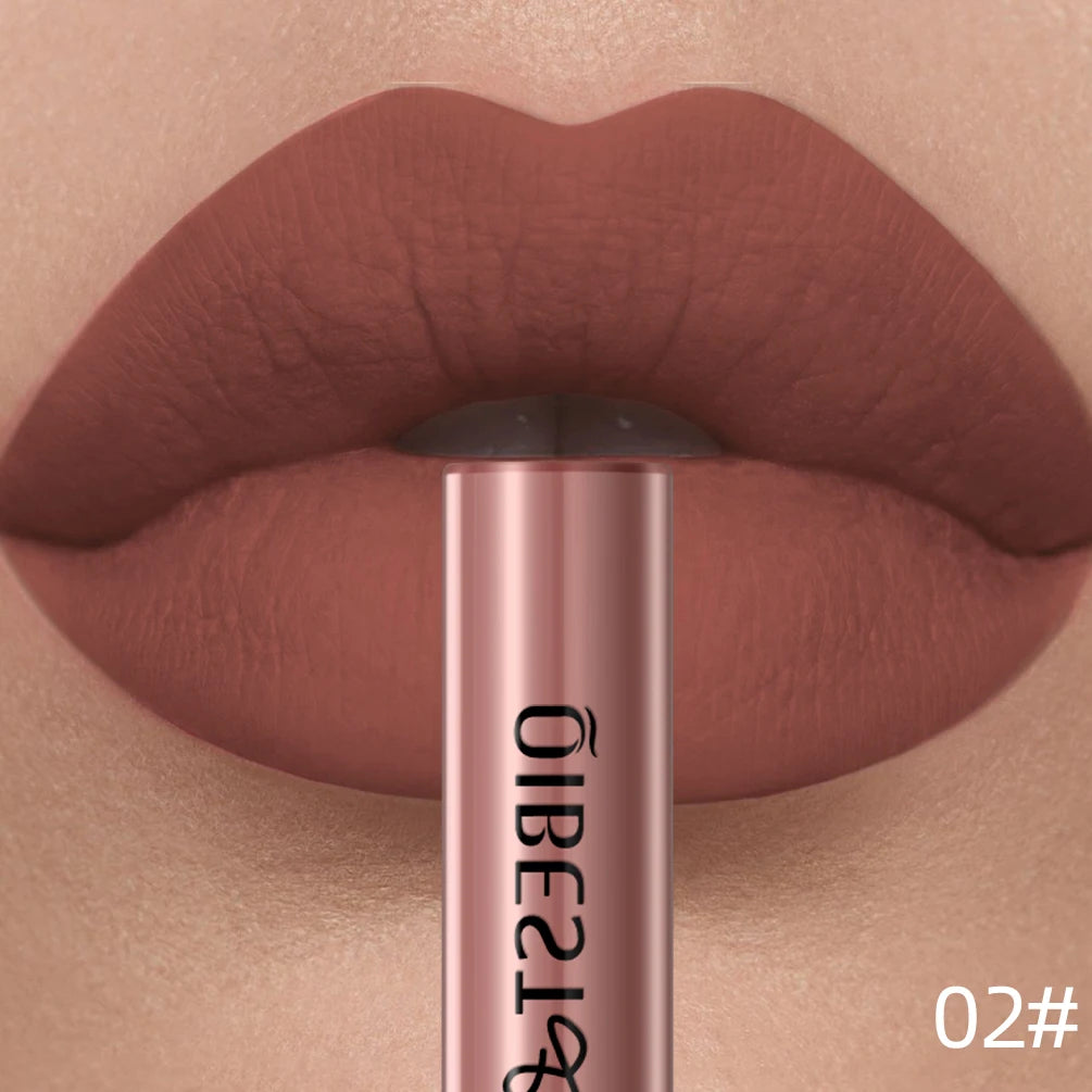 QIBEST long-lasting velvet matte liquid lipstick in shade 02, featuring a soft nude-pink finish on lips.