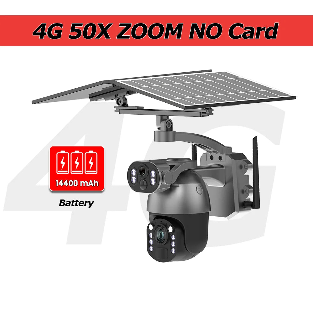 Solar PTZ security camera with dual-lens body, solar panel, and battery only