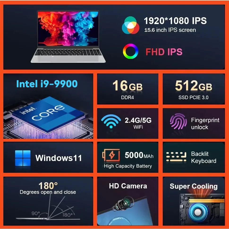 【3-year warranty】Portable Notebook Windows 11 Pro 15.6 inch Gaming Computer PC Gamer Intel Core I9 9900 Laptops I9 Notebook PC