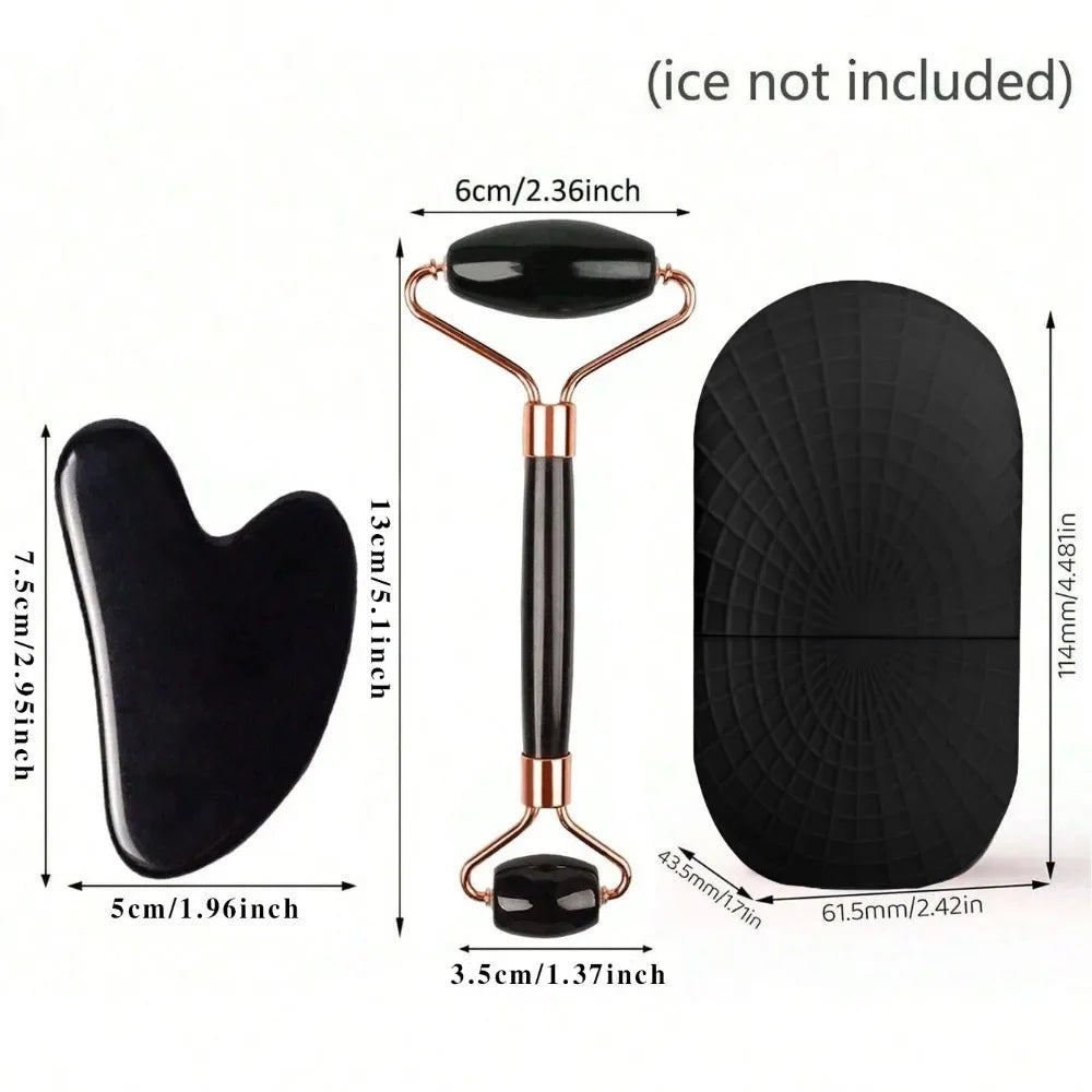 Black 3-piece facial massage set: a gua sha tool, dual-ended black stone roller with rose gold accents, and a mold.