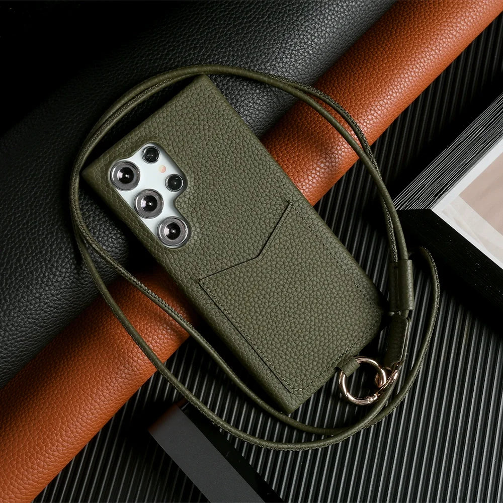 Genuine Leather Samsung Galaxy S24 Ultra Case with Adjustable Lanyard Army green China Mainland Tidesmit