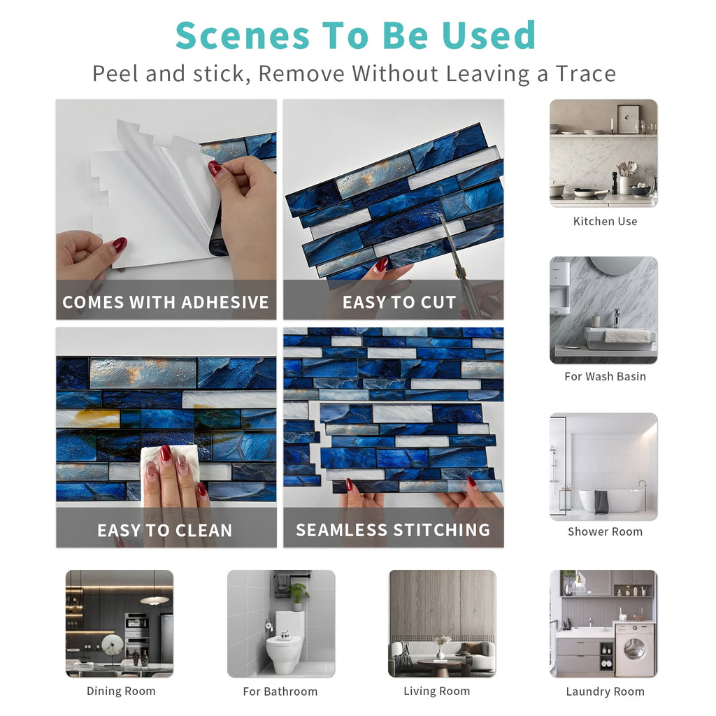 Self Adhesive Waterproof Imitation Marble Flat Wall Tiles Suitable for Indoor Wall Decoration (6/12/24/48 PCS)