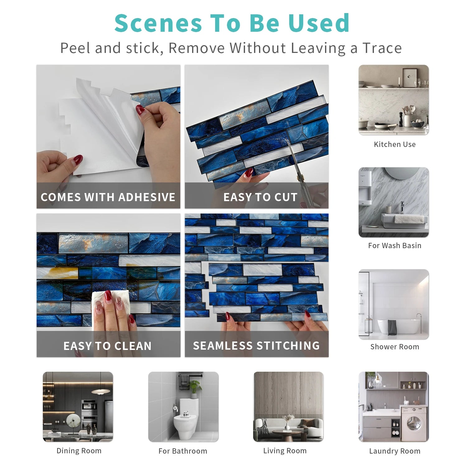 Self Adhesive Waterproof Imitation Marble Flat Wall Tiles Suitable for Indoor Wall Decoration (6/12/24/48 PCS)