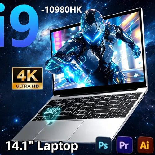 Silver 14.1-inch laptop with thin bezels, black keyboard, large trackpad, and fingerprint scanner on a galaxy background.