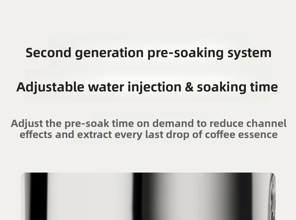 Coffee maker feature graphic showing second-gen pre-soaking system with adjustable water injection and soaking time.