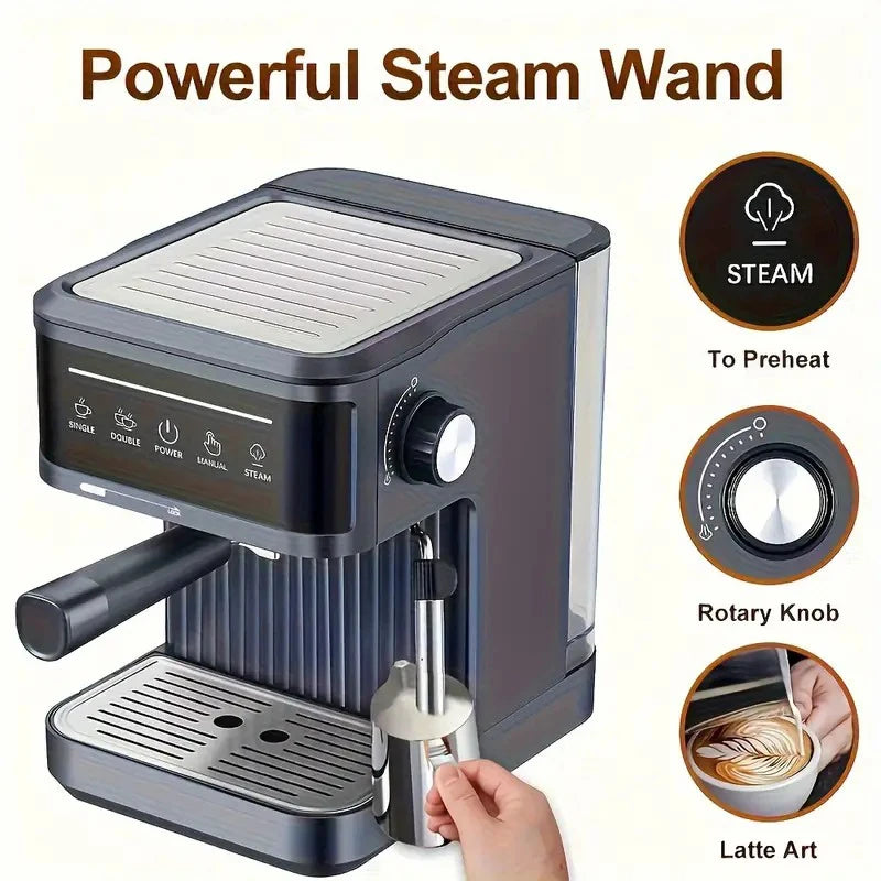 Dark grey espresso machine with steam wand, rotary control knob, and touchscreen interface for coffee and latte art.