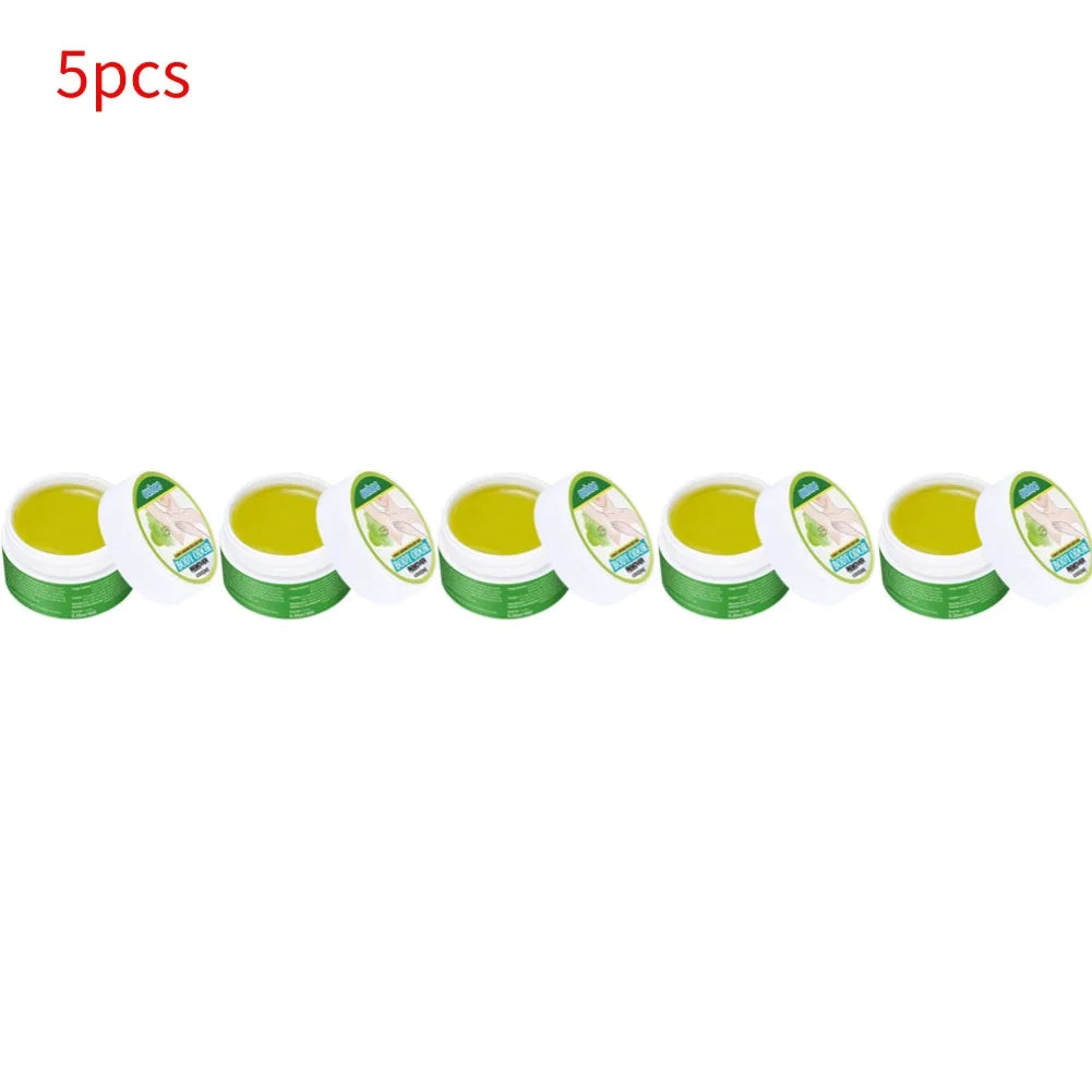 Five jars of green natural extract underarm deodorant cream with a smooth, balm-like texture in white containers.
