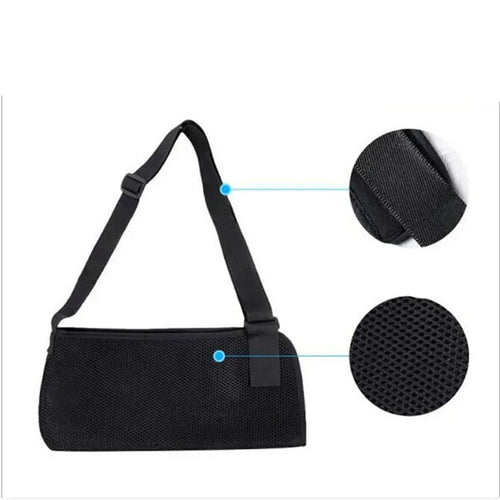 Black mesh arm sling support for orthopedic pain relief and shoulder injury recovery.