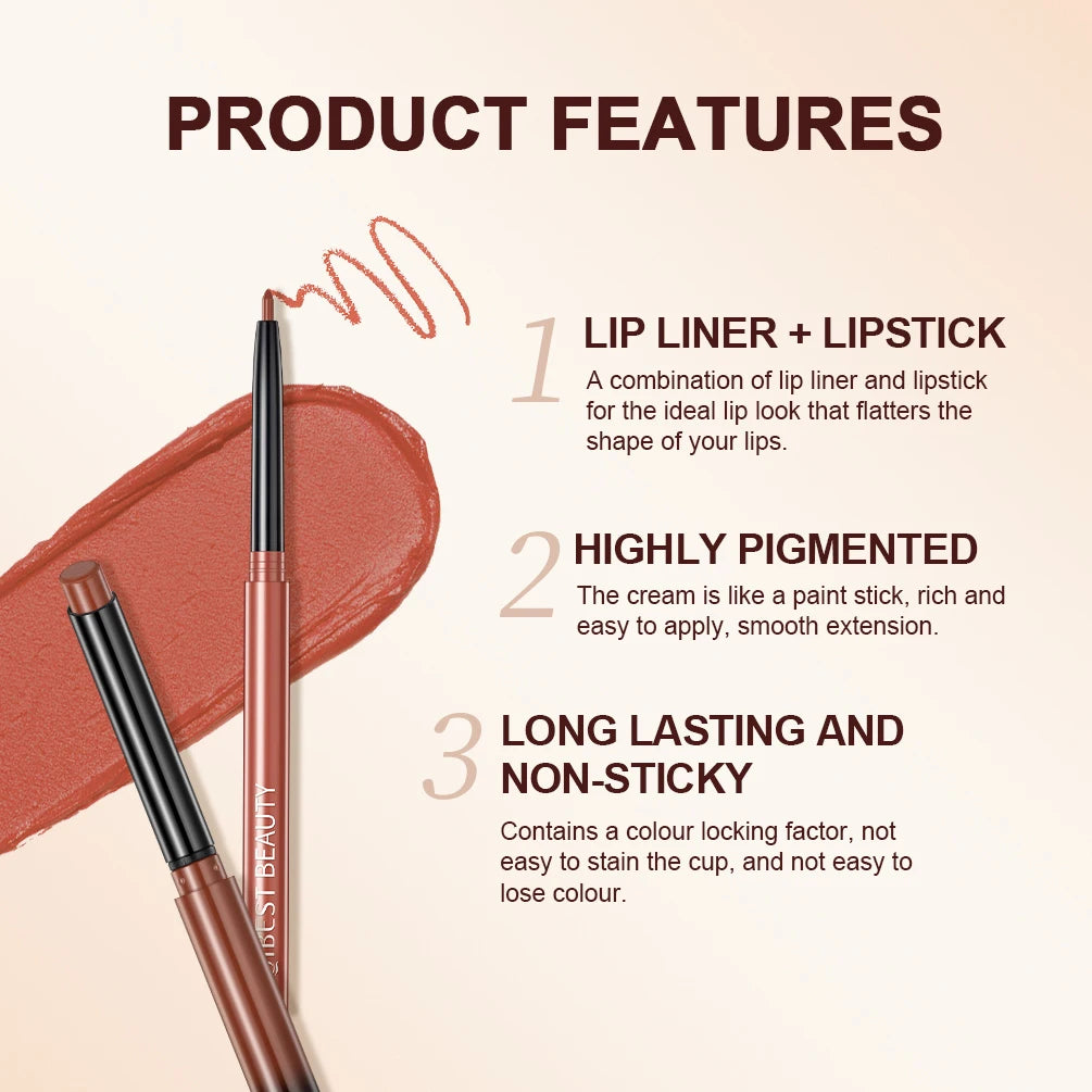 QIBEST 2pcs matte velvet lipstick and lip liner pencil set in a rich, pigmented terracotta shade for long-lasting wear.