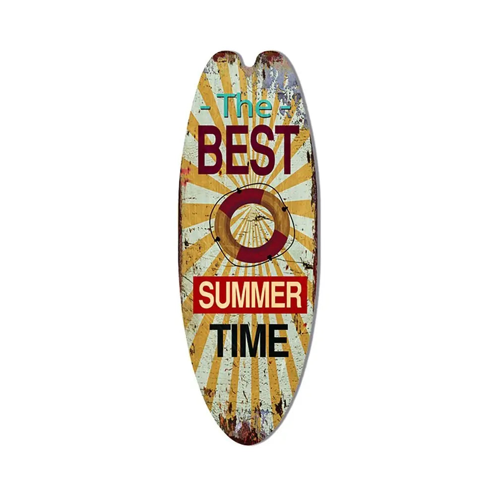 Wood surfboard hanging sign, beige and blue “The Best” and “Summer Time”