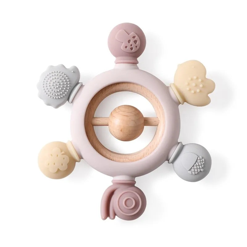 Multi-colored silicone and wood teething ring toy for baby teething relief.