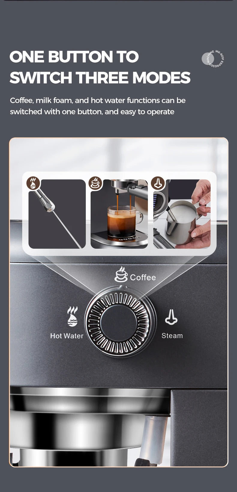 Matte black espresso machine with a dial for coffee, hot water, and steam functions for easy one-button operation.