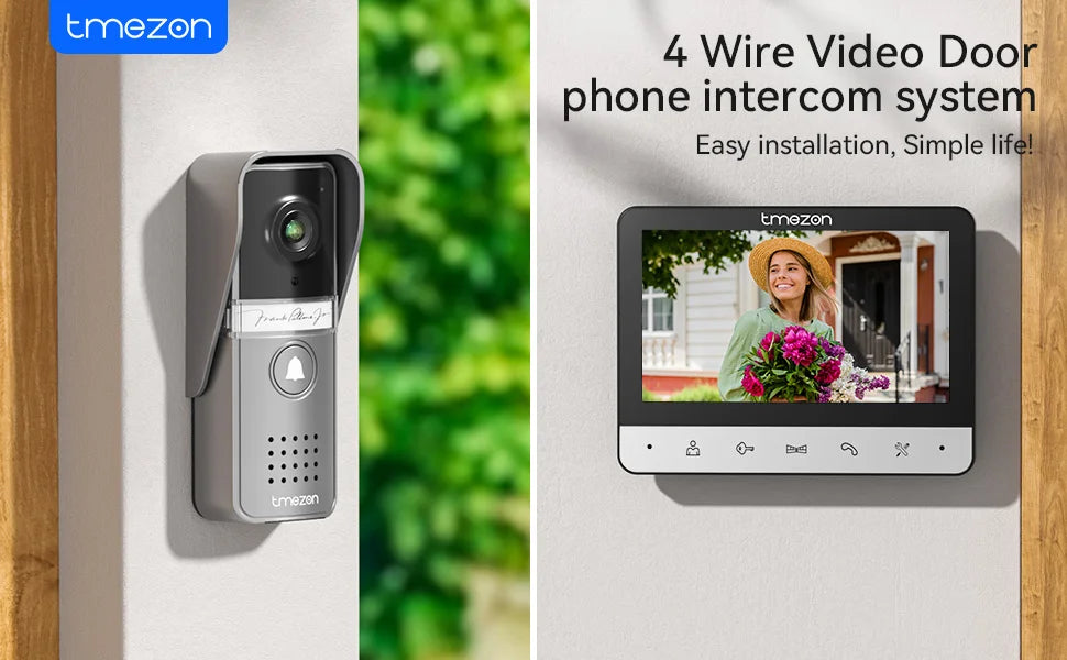 TMEZON V20 4-Wire Connected Video Intercom Kit with 7 Inch Colour Screen, Video Door Phone for a Family, Street Turntable, Camera Doorbell