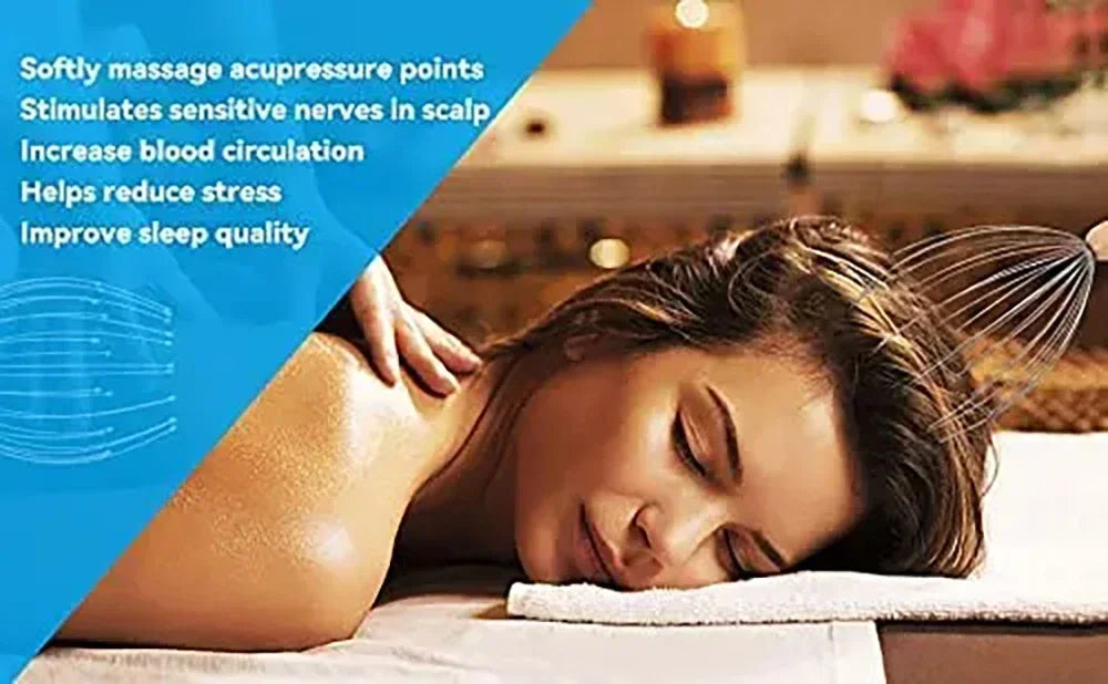 Woman relaxing while using a multi-fingered octopus scalp massager tool for stress relief and blood circulation.