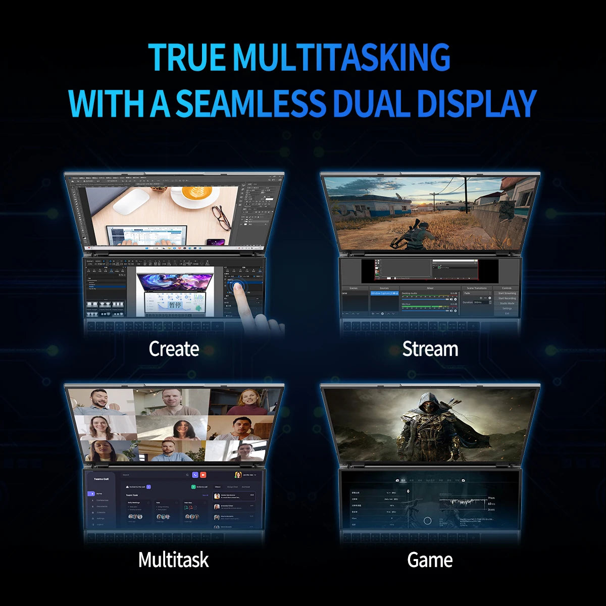 TUHUI Intel core I7-9750H Dual Screen Laptop 16 Inch Gaming Laptops 14 Inch Touch Screen 32G RAM 2TB SSD Notebook Win11 Computer