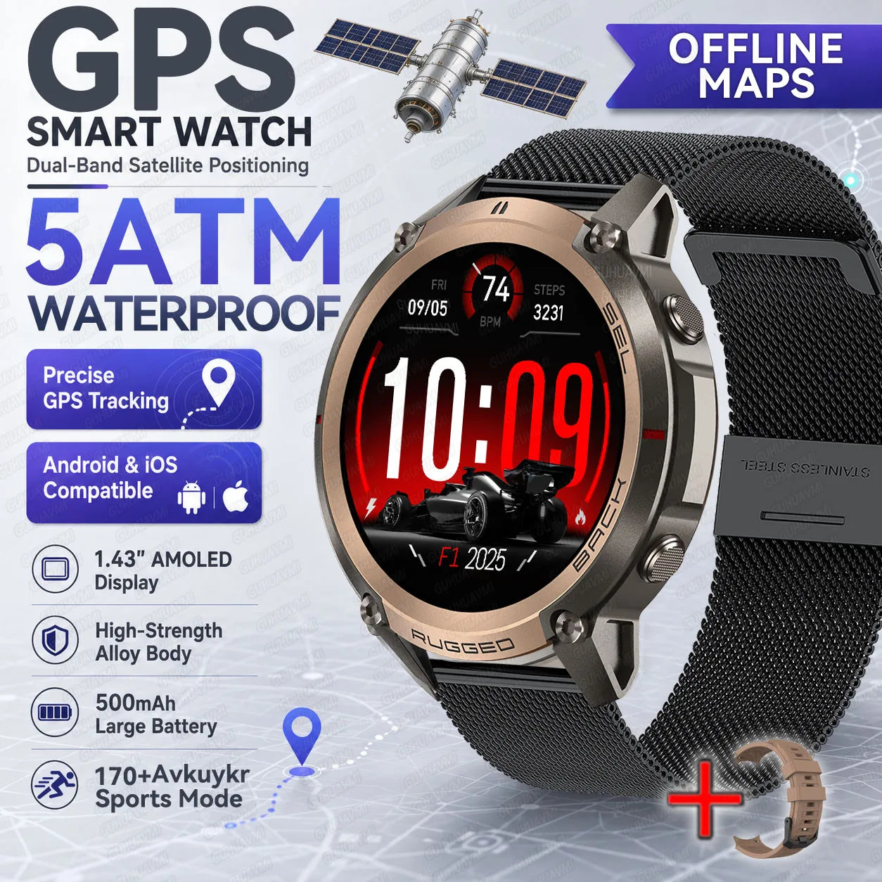 New Rugged GPS Sport Smartwatch 1.43" AMOLED Screen 5ATM Waterproof Offline Map Compass 500mAh Smart Watch for Men Android iOS