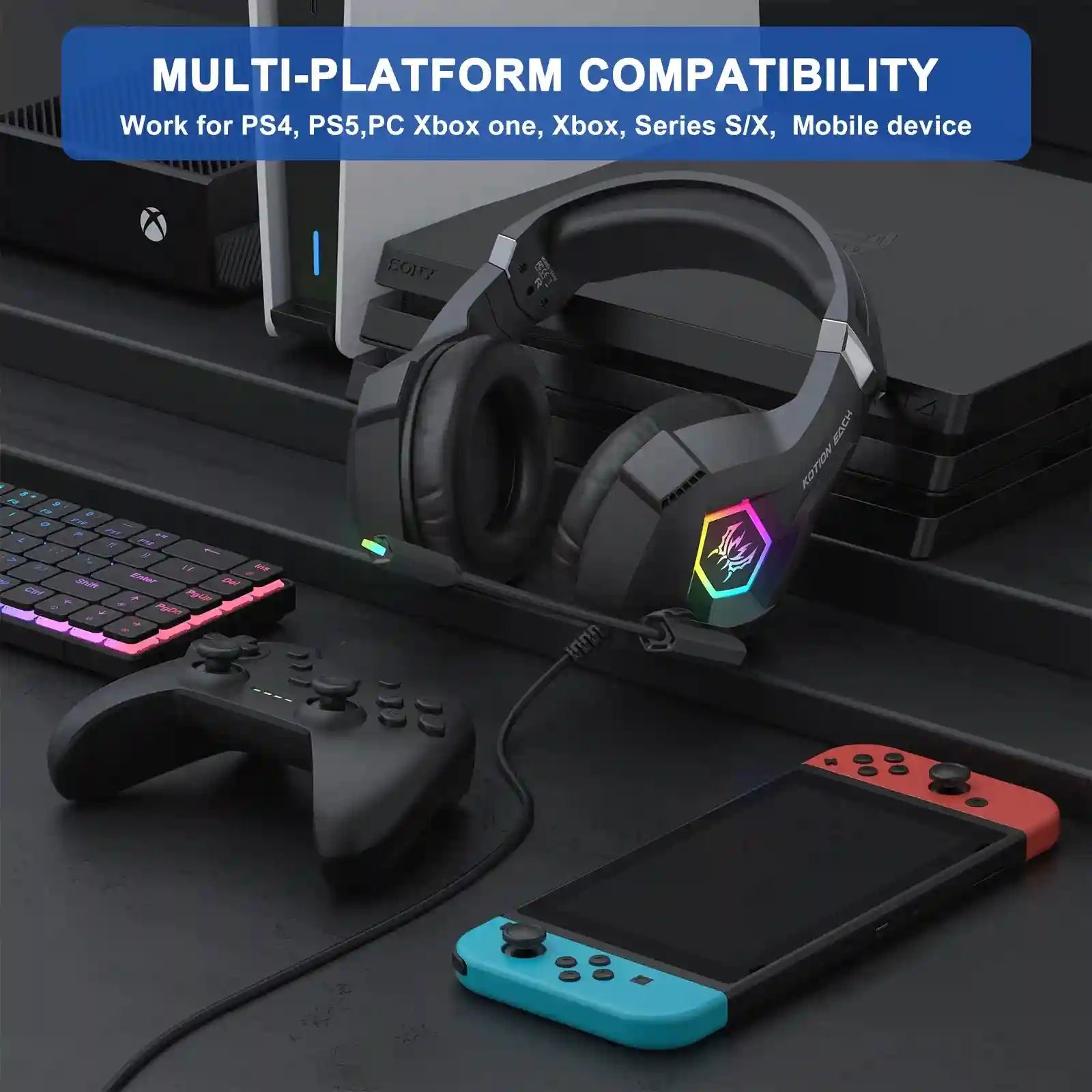 Tidesmit RGB Over-Ear Gaming Headphones with Mic - Low Latency Audio Tidesmit