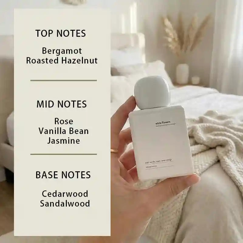 HOPE CHRISTINE vanilla floral perfume for women: 50ml square white bottle with notes of vanilla, rose, and sandalwood.