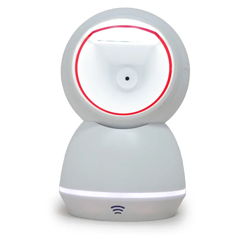 White desktop QR scanner with red illuminated scanning ring and base