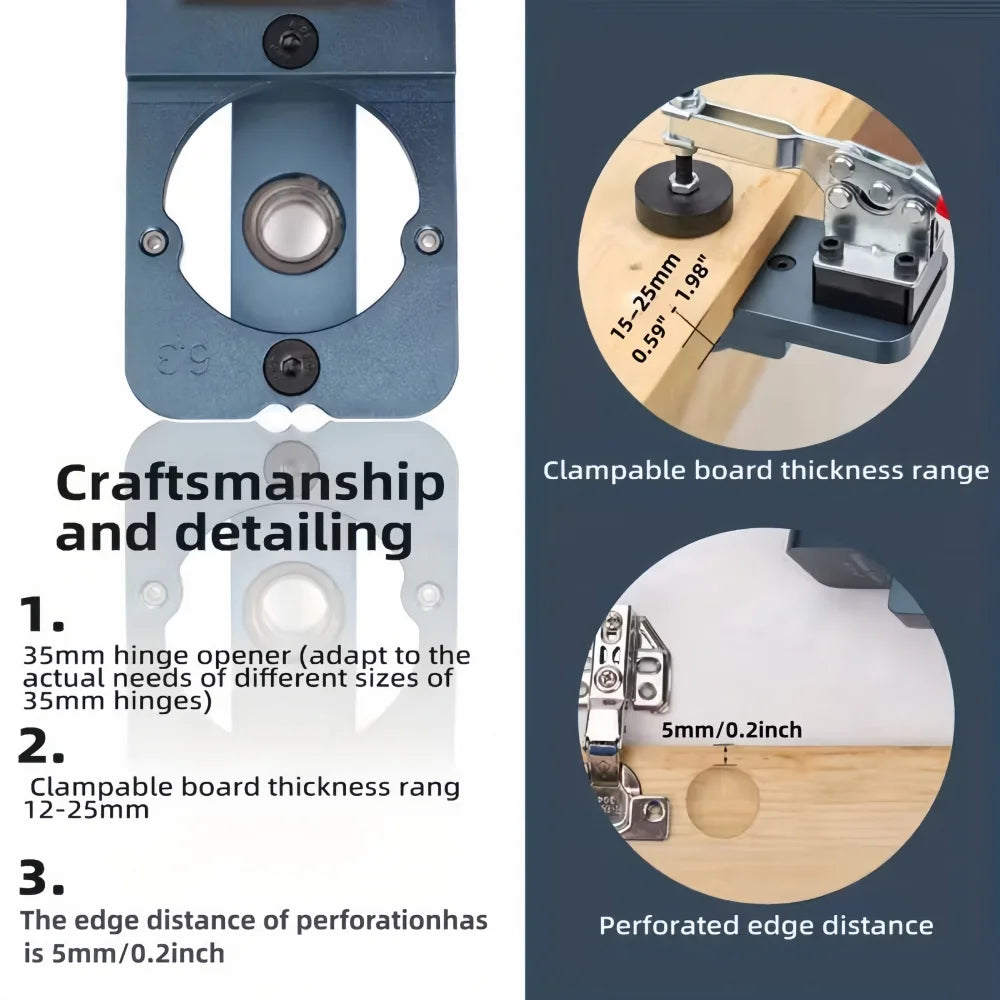 35mm Hinge Jig Kit - Adjustable Drill Guide Template for Cabinet Doors, Woodworking Positioning Tool with Depth Stop