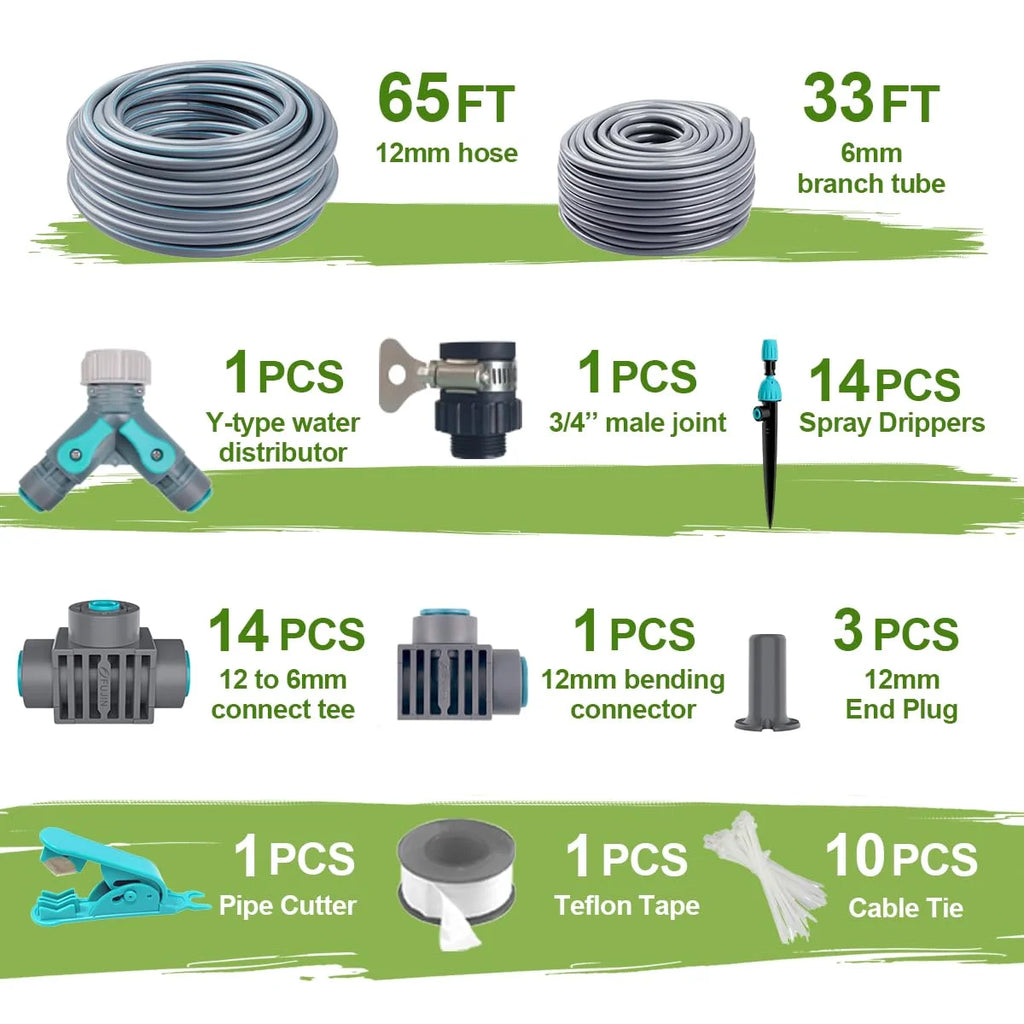 Drip irrigation components set with gray hose, Y-splitter, fittings, end plugs, and drippers