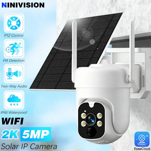 White outdoor solar PTZ security camera with black lens array and two antennas