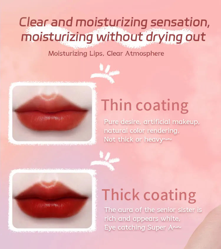 Highly pigmented, waterproof liquid lipstick in thin and thick red, glossy, moisturizing non-stick lip glaze application.