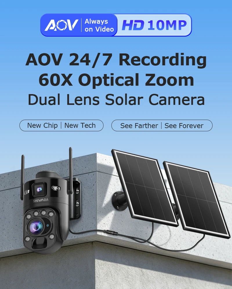 SHIWOJIA 4G Solar Security Camera Outdoor 60X Zoom Dual Screen 10MP WiFi PIR Detection AI Auto Tracking Camera UBOX