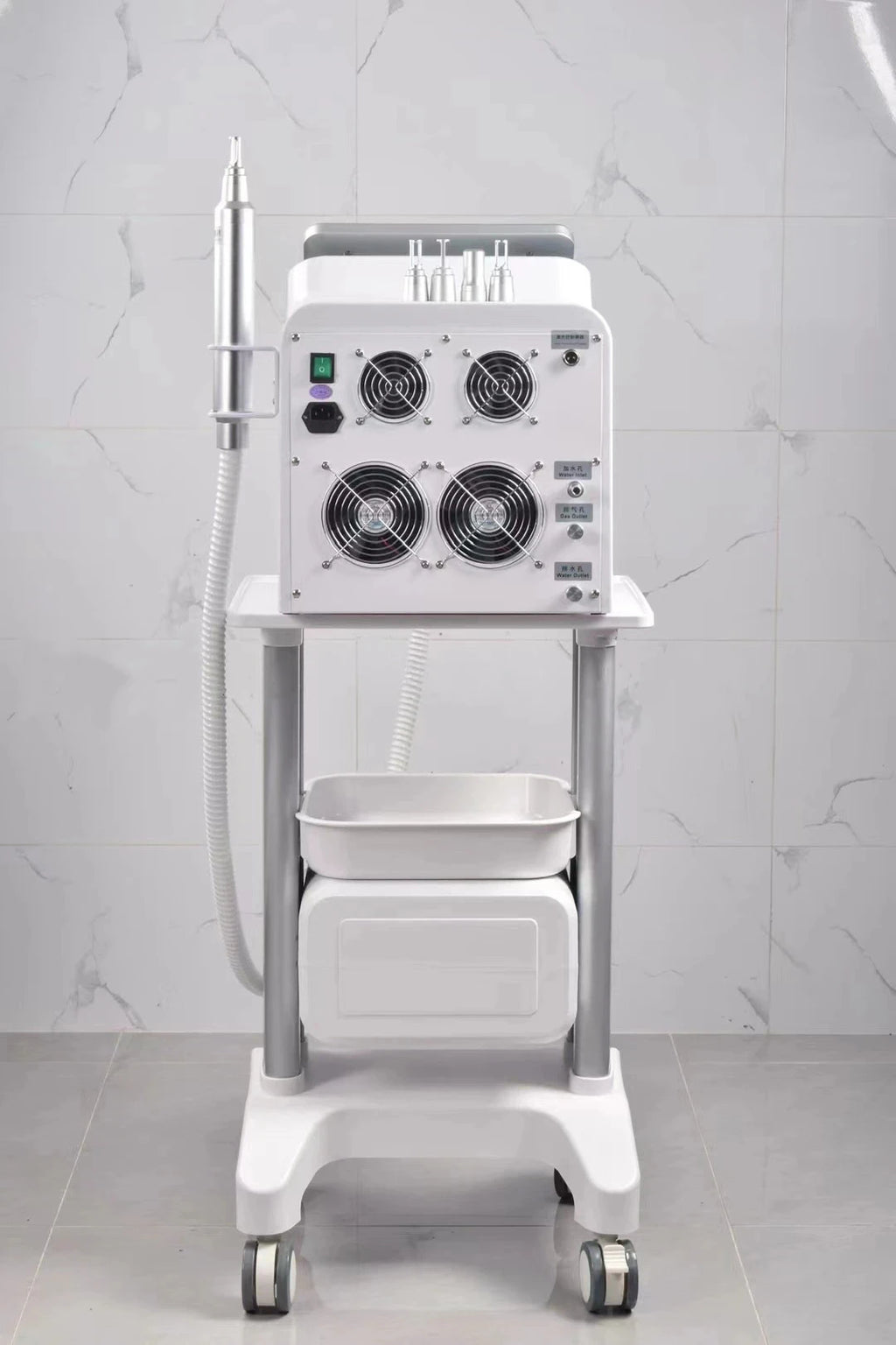 White portable 4000W Nd:YAG Picosecond laser machine on a rolling stand for professional tattoo and skin treatment.