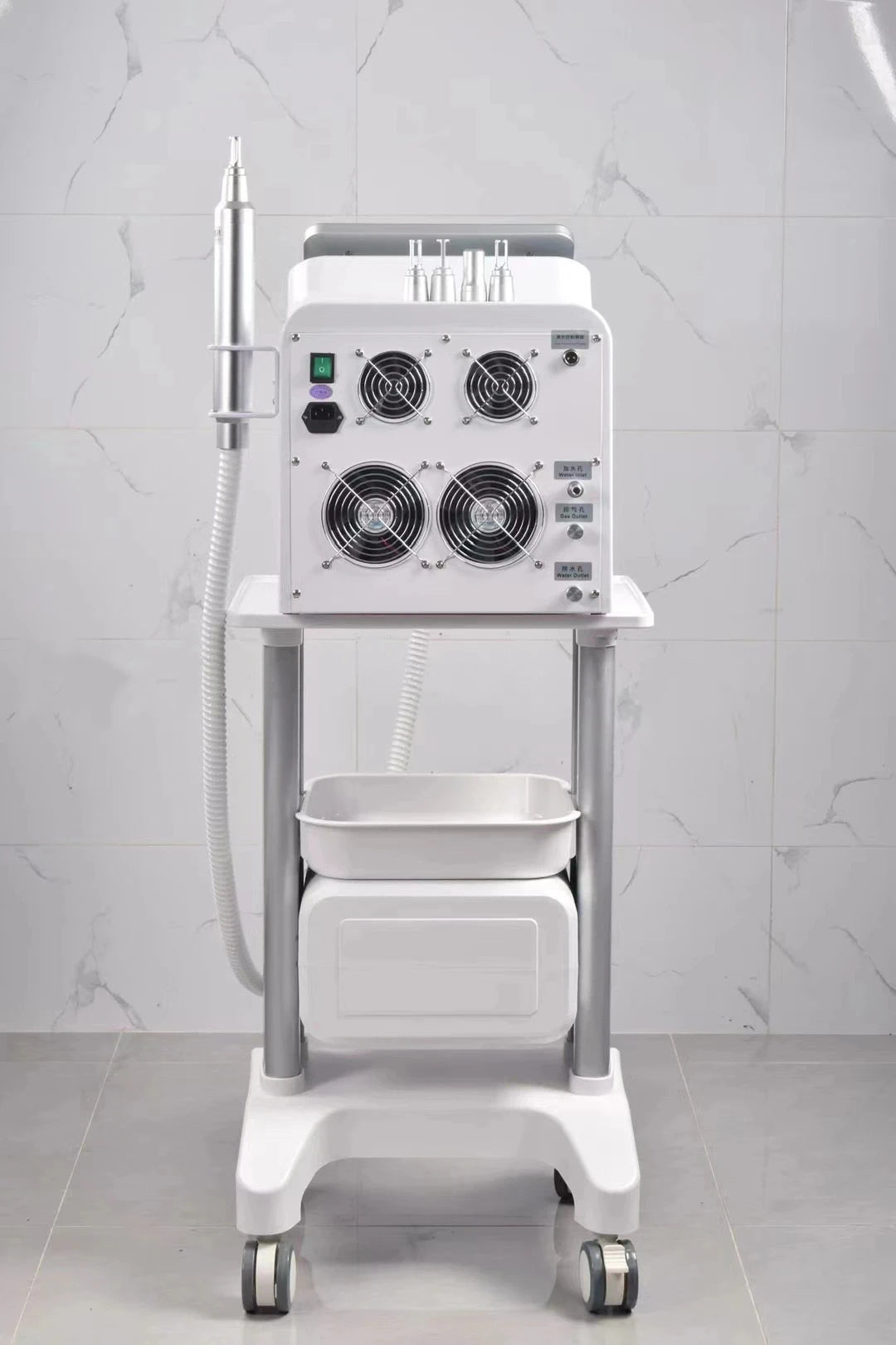 White portable 4000W Nd:YAG Picosecond laser machine on a rolling stand for professional tattoo and skin treatment.
