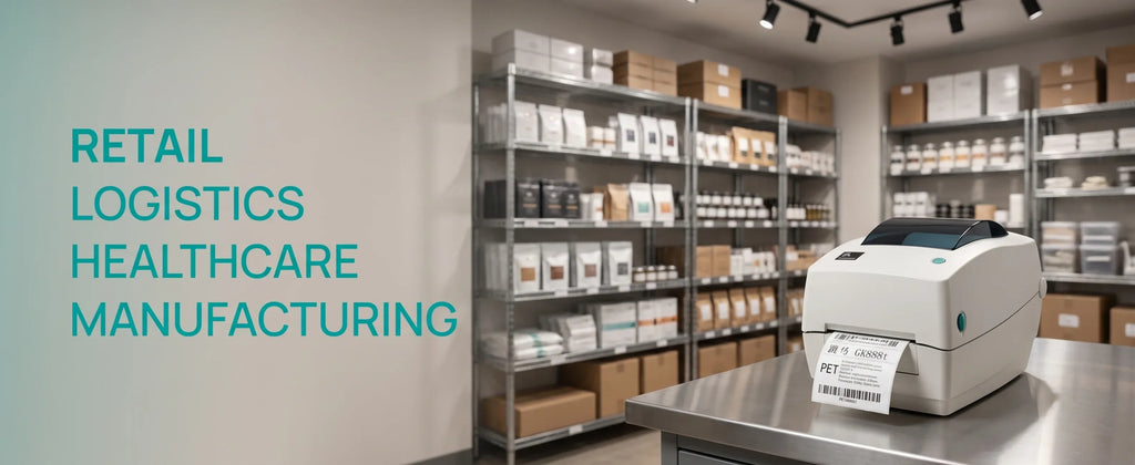 Desktop label printer in a storage warehouse with shelves and labels for business use