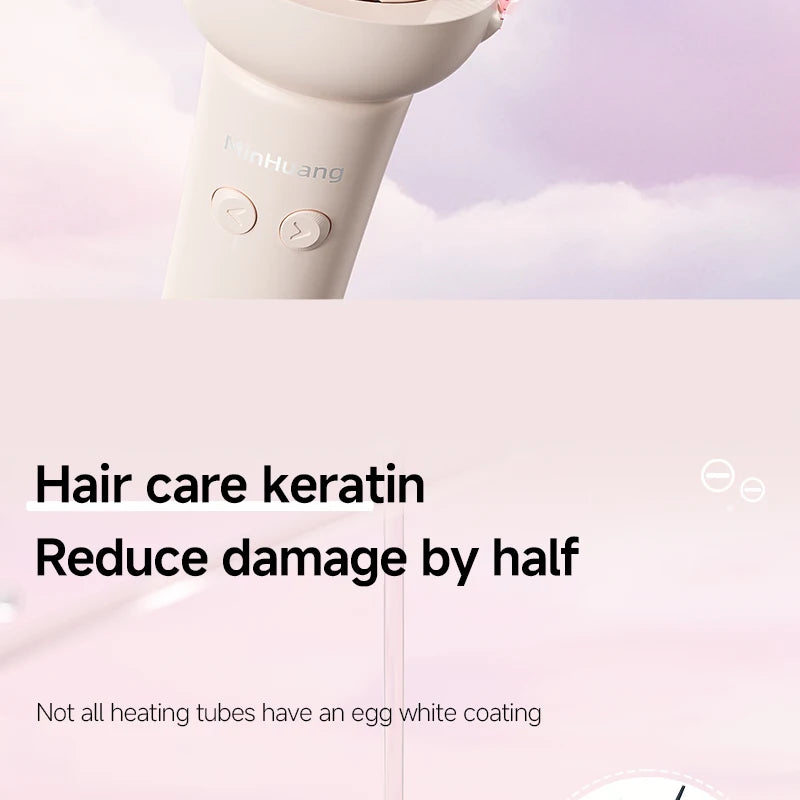 Beige automatic curling iron with keratin coating and negative ion tech for frizz-free, damage-reduced hair styling.