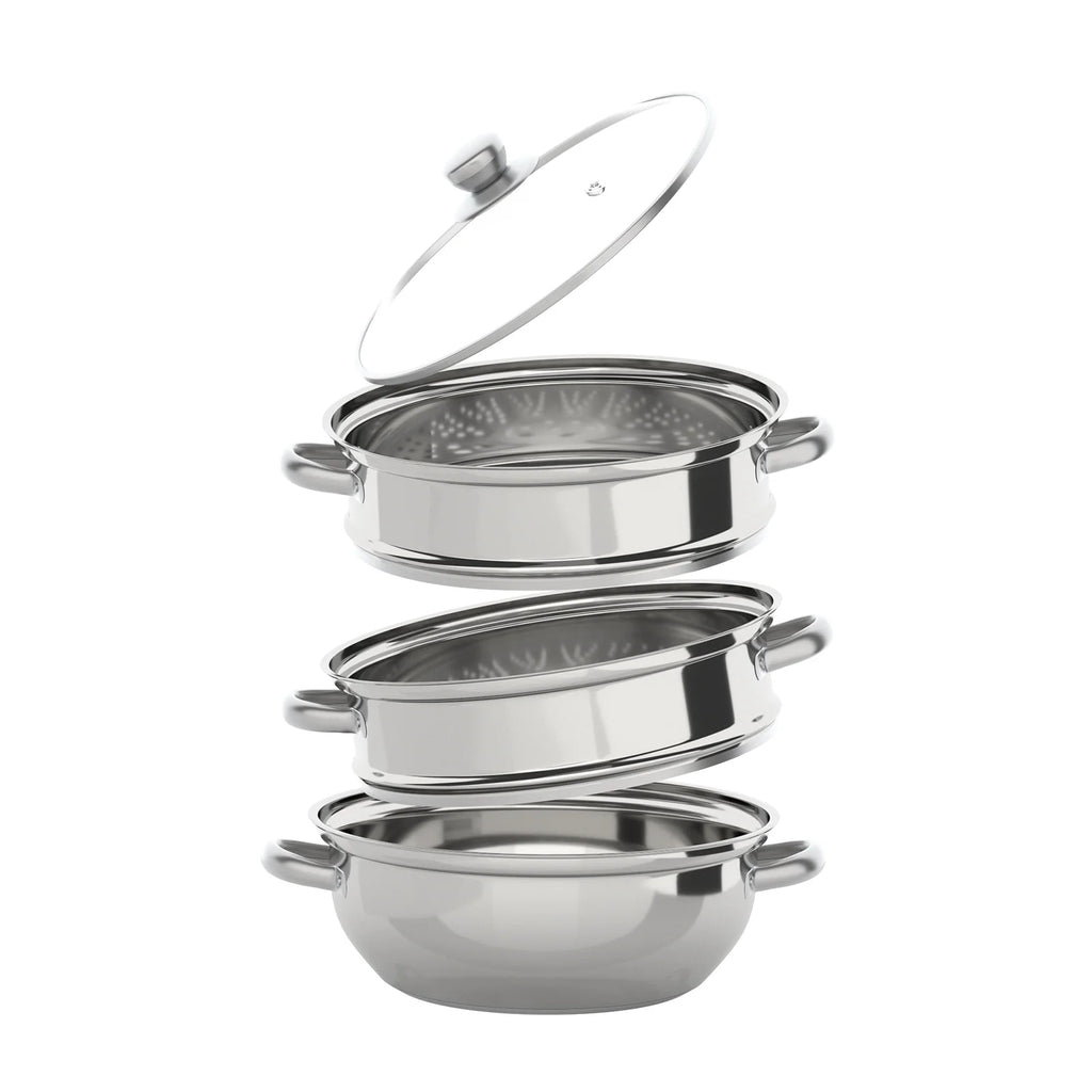 Stacked stainless steel steamer pots with domed lid and removable perforated trays.
