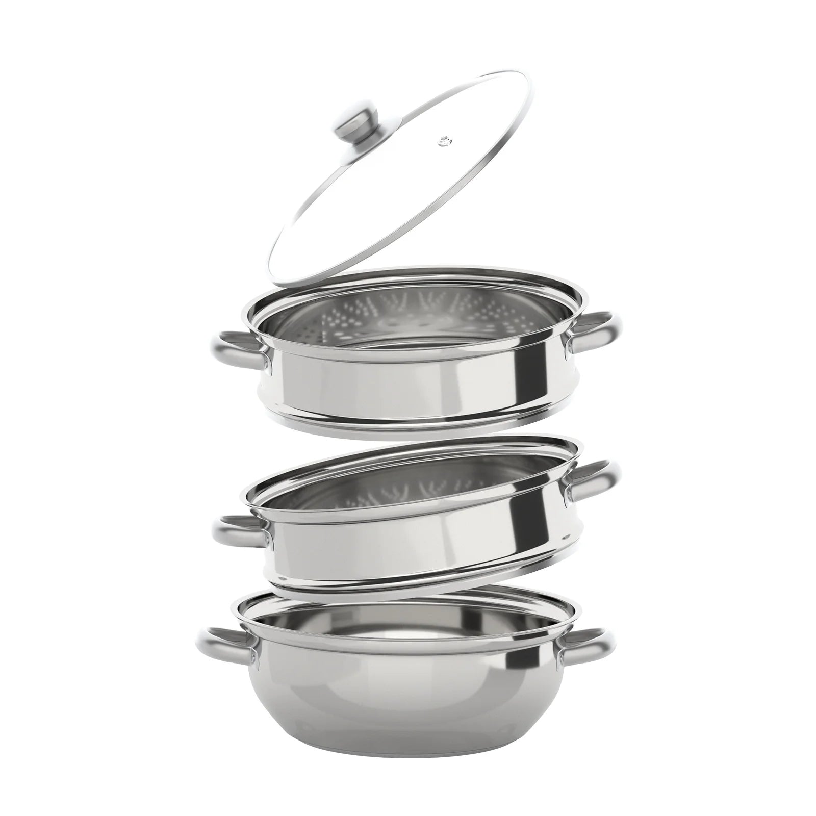 Stacked stainless steel steamer pots with domed lid and removable perforated trays.